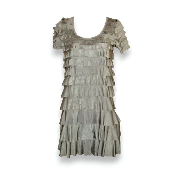 NWT Melis Kozan Olive Green Bronze Tiered Cha Cha Flutter Flapper Sheath Dress S - Picture 1 of 6